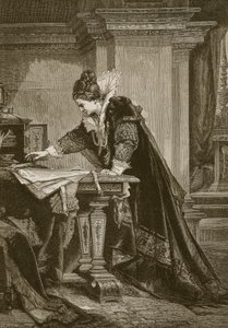 La reine Elizabeth signant le mandat de mort de Marie Stuart, gravé par C. Butterworth - Sandor Liezen Meyer